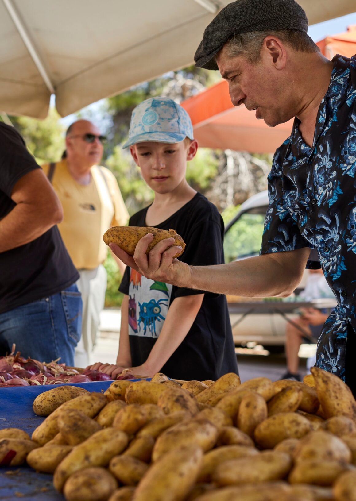 Tom explains the finer details of
the humble potato to Finnian at the
food market